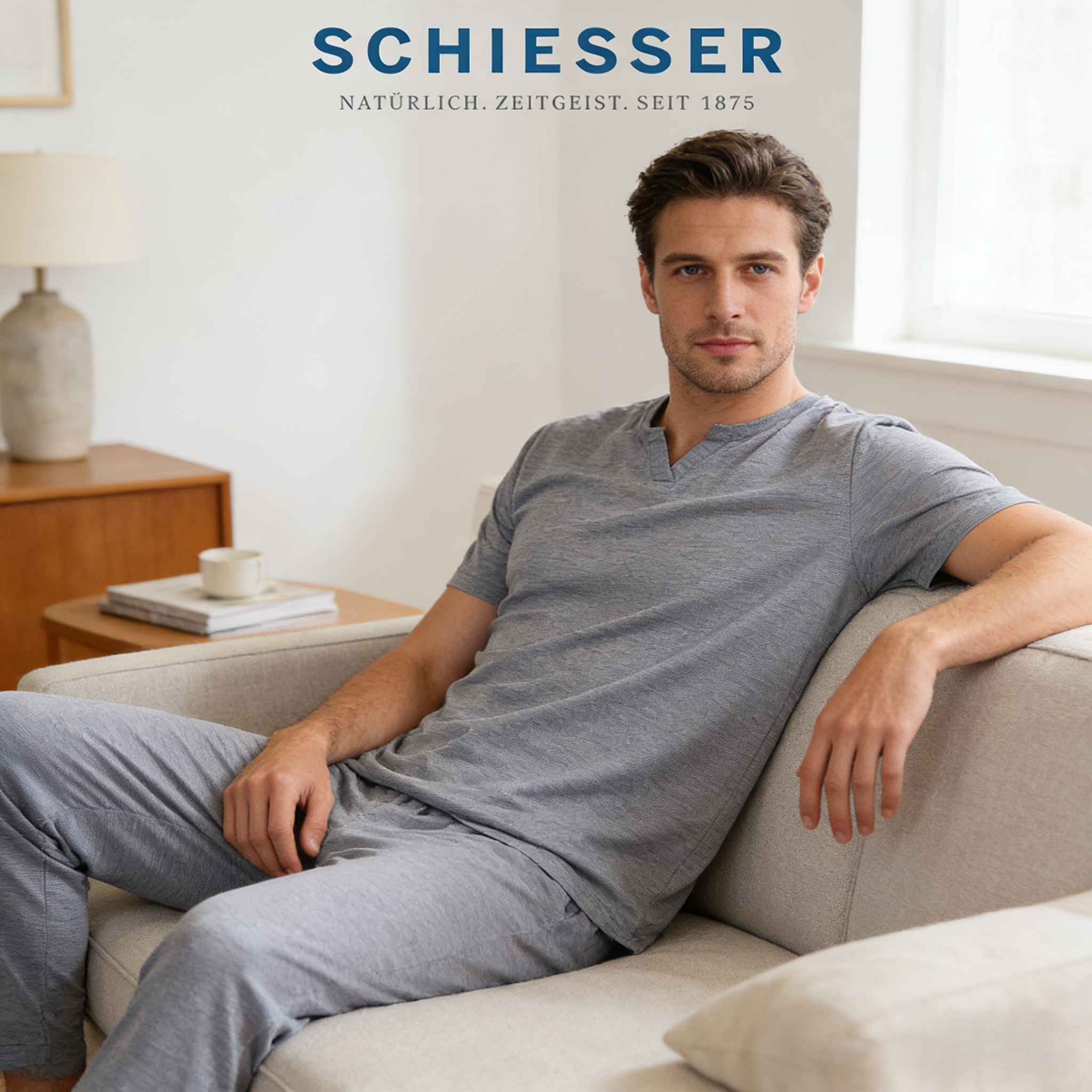 【竹纤维提花平纹系列】SCHIESSER德国舒雅男士竹纤维提花平纹家居外穿短袖长裤套装39/26840H