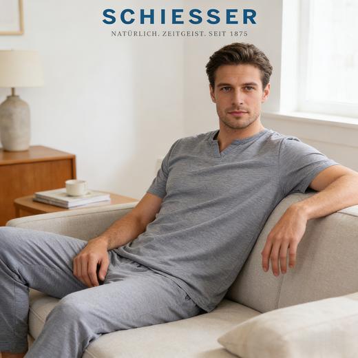 【竹纤维提花平纹系列】SCHIESSER德国舒雅男士竹纤维提花平纹家居外穿短袖长裤套装39/26840H 商品图0