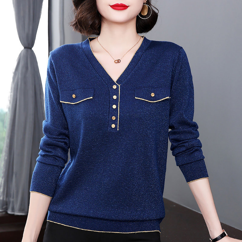 春装2025年新款针织衫长袖上衣女妈妈大码打底衫时尚洋气V领毛衣