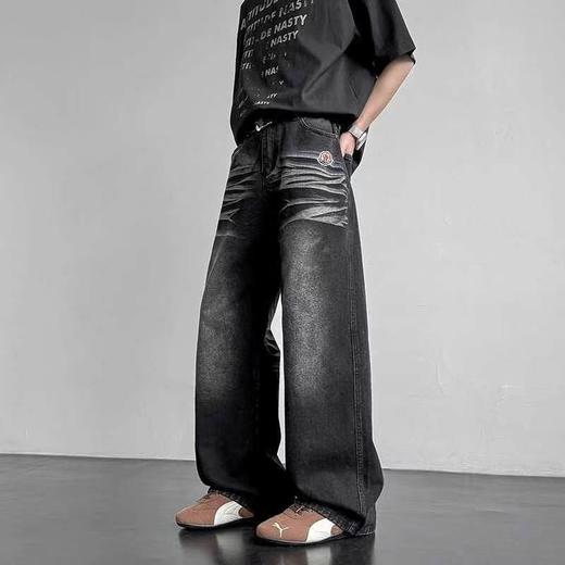 F031432复古港风潮牌情侣款弯刀宽松纯色拼接大口袋牛仔裤 商品图4