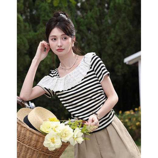 鹿向南「海上钢琴」设计感杏底黑条纹短袖T恤女夏季掐腰显瘦上衣 商品图2