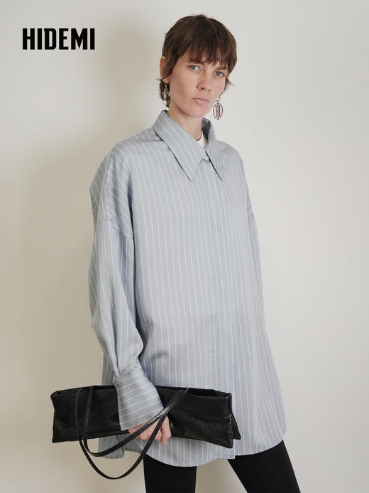 HIDEMI 极简设计感羊毛混纺条纹长袖翻领休闲衬衫 商品图8