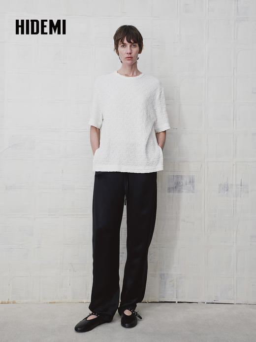 HIDEMI 肌理感百搭纯色短袖圆领T恤上衣 商品图0
