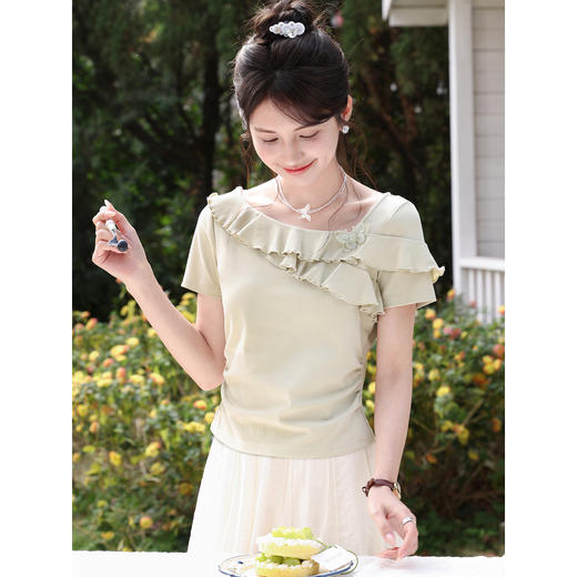 鹿向南「青柠奶绿」荷叶边短袖T恤女夏季新款修身浅绿色短款上衣 商品图1