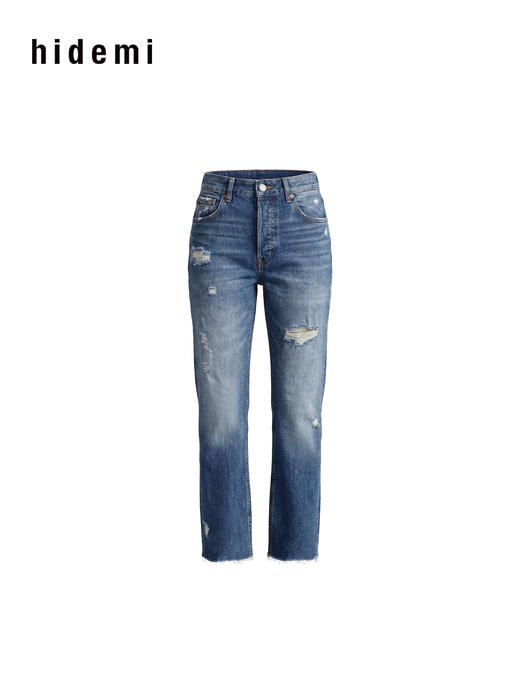 hidemi副线小h 破洞毛边直筒牛仔裤长裤 商品图7