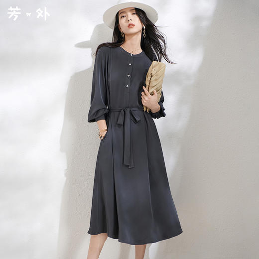 芳外春季新款时尚气质通勤中长裙宽松收腰长袖圆领连衣裙1531 商品图0