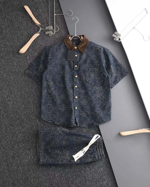 F031476金线刺绣老花字母logo牛仔翻领衬衫短袖外套 商品图2