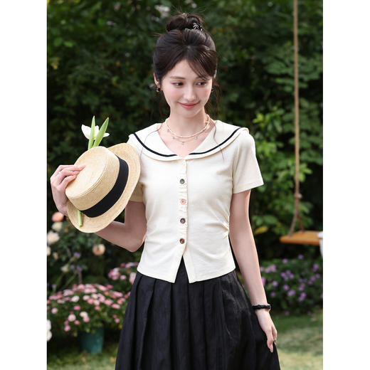 鹿向南「航海微风」杏色减龄学院风T恤女夏季新款韩系氛围感上衣 商品图1