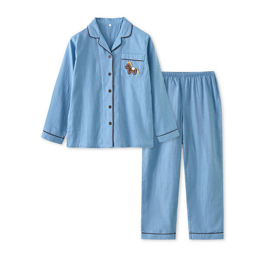 全棉双层纱～情侣款小马刺绣纯棉睡衣男女款 条纹休闲家居服长袖套装 商品图4