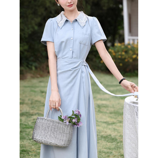 鹿向南「苍兰信笺」法式气质蓝色收腰短袖连衣裙女夏季通勤长裙子 商品图3