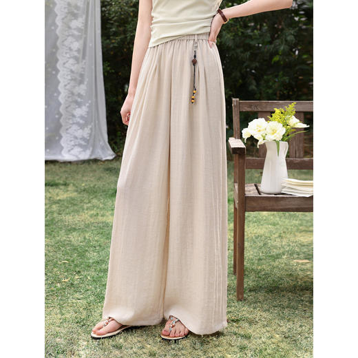 鹿向南「软烟罗裳」慵懒松弛阔腿长裤女夏季新款卡其色垂感休闲裤 商品图1