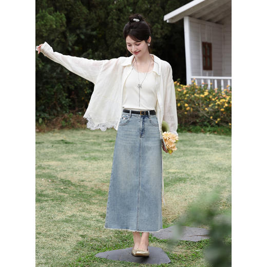 鹿向南「蓝涩微醺」复古牛仔蓝半身裙女夏季直筒高腰毛边A字裙子 商品图2