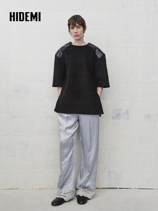 HIDEMI 设计感蕾丝拼接松紧腰缎感直筒裤休闲裤长裤 商品图5