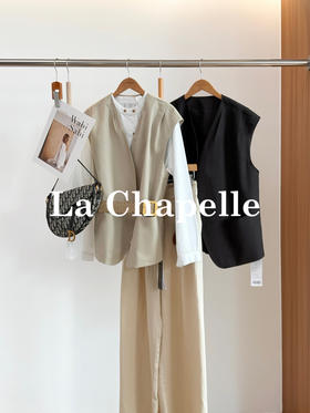 专柜实拍【松弛老钱风】拉夏贝尔/La Chapelle莱赛尔混纺肩部压褶设计口袋马甲V领坎肩无袖外套