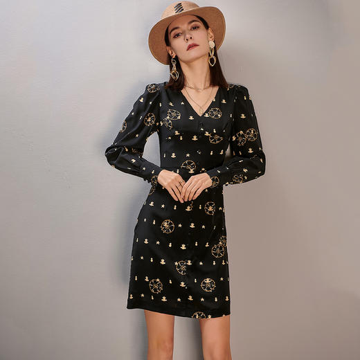 剩M 芳外春季新款通勤气质真丝连衣裙修身印花灯笼袖中长裙子0315 商品图3