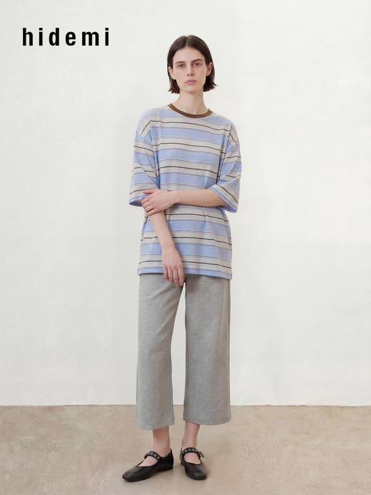 hidemi副线小h 撞色圆领条纹宽松休闲短袖T恤 商品图3