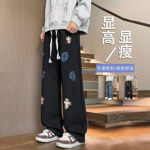 F031429新款十字架直筒水洗牛仔裤破卡面料宽松休闲长裤 商品图2
