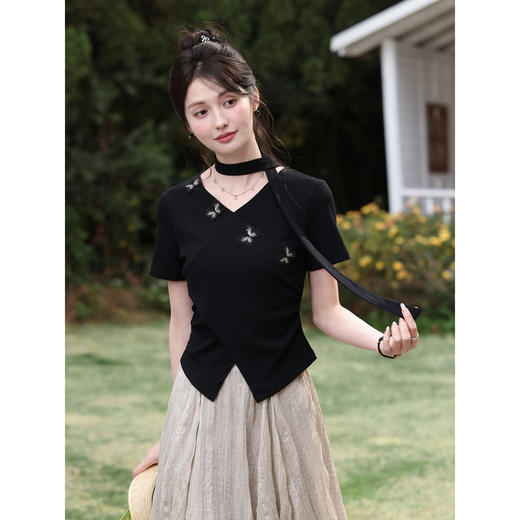 鹿向南「墨法花序」高级感黑色气质V领短袖T恤女夏季新款显瘦上衣 商品图1