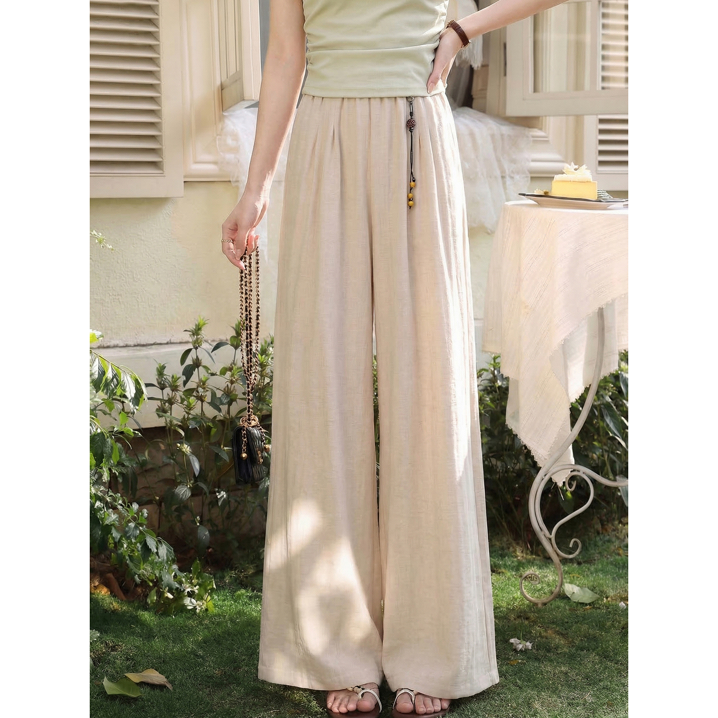 鹿向南「软烟罗裳」慵懒松弛阔腿长裤女夏季新款卡其色垂感休闲裤