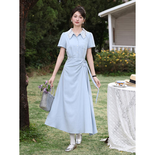 鹿向南「苍兰信笺」法式气质蓝色收腰短袖连衣裙女夏季通勤长裙子 商品图2