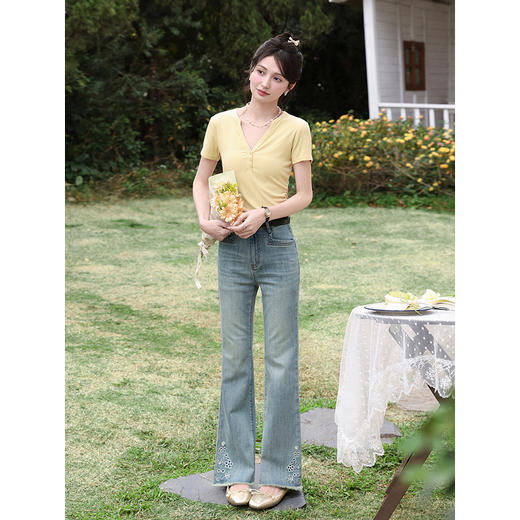 鹿向南「蓝屿花影」复古蓝色高腰显瘦牛仔裤女夏季小个子直筒长裤 商品图2