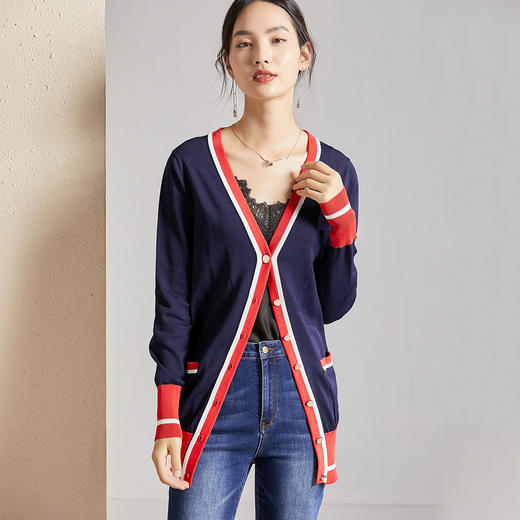 剩M/L 米思阳秋季时尚简约百搭拼色小香风针织开衫外套女 商品图2