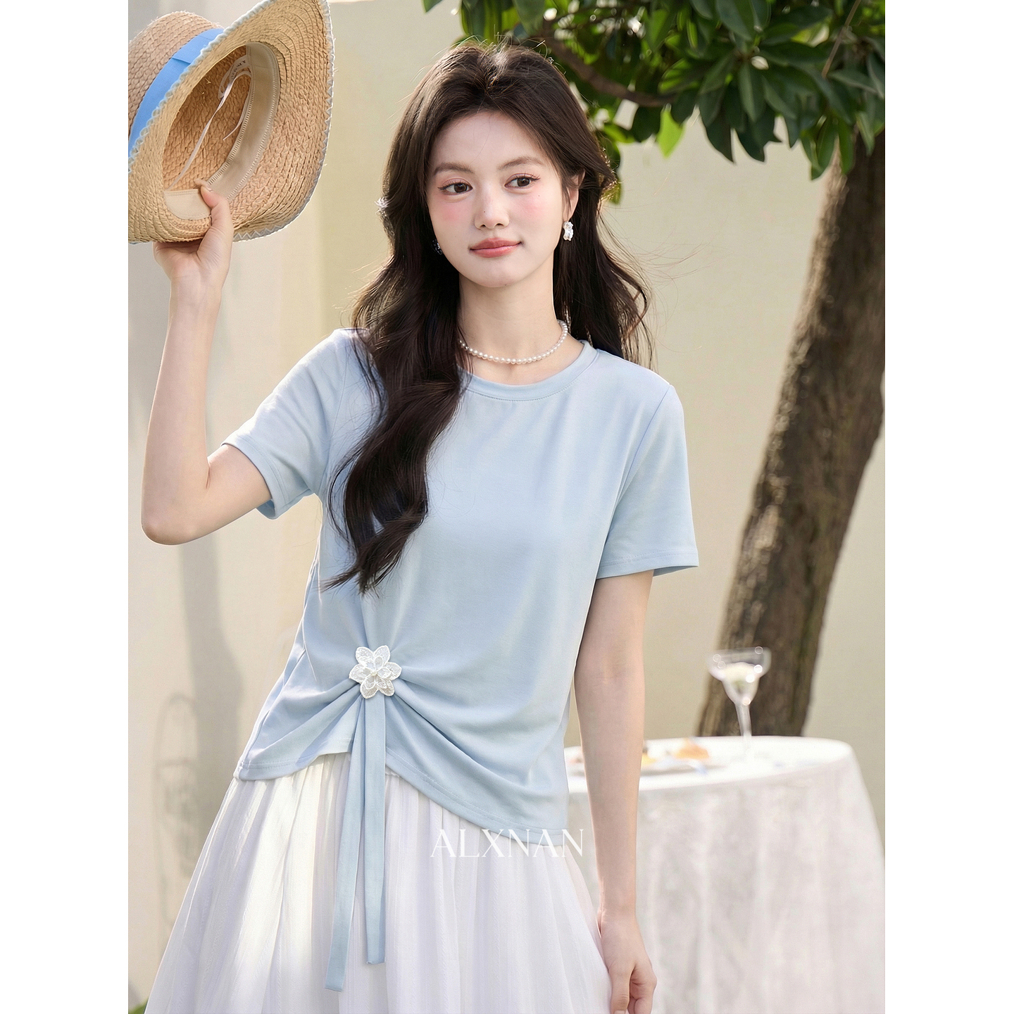 鹿向南「南巷清风」蓝色短袖T恤女夏季新款韩系chic漂亮减龄上衣