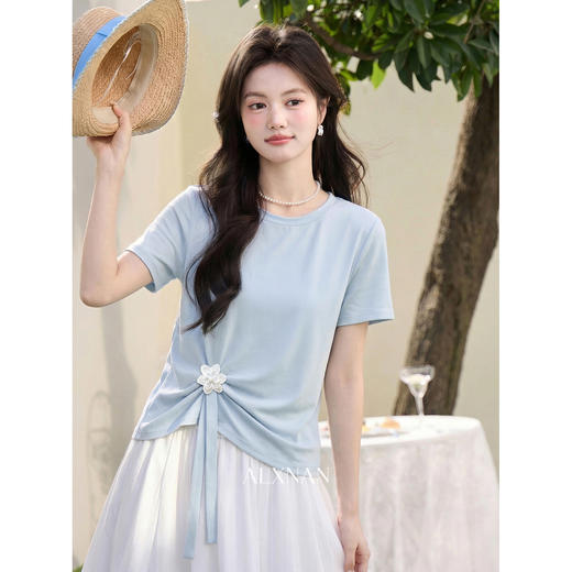 鹿向南「南巷清风」蓝色短袖T恤女夏季新款韩系chic漂亮减龄上衣 商品图0