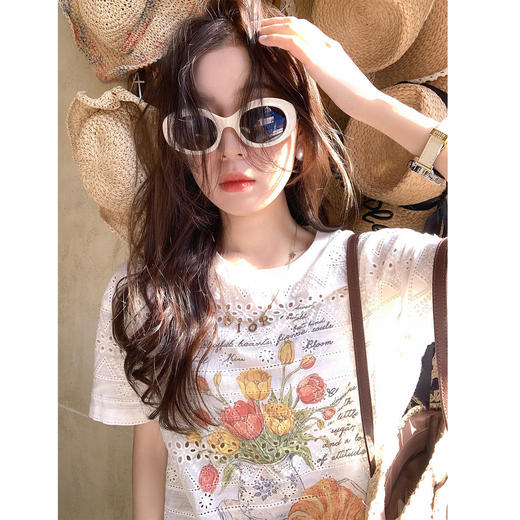 <曾小咸推荐>韩系蕾丝镂空宽松短袖t恤女 商品图1