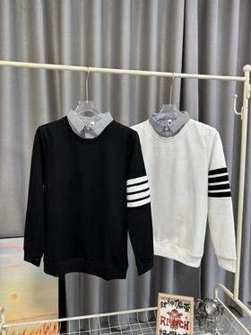 F031486春季新品纯棉假两件学院风针织四道杠情侣款卫衣