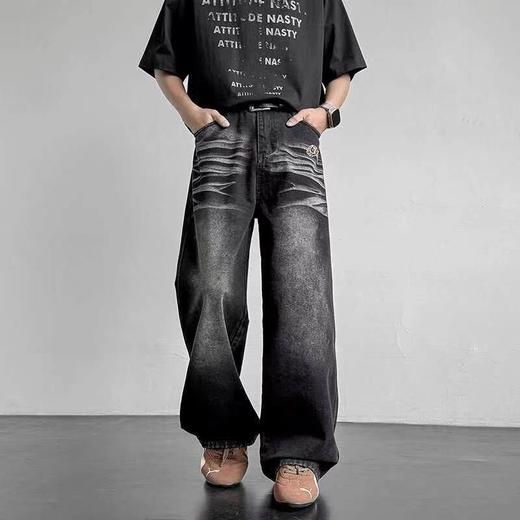 F031432复古港风潮牌情侣款弯刀宽松纯色拼接大口袋牛仔裤 商品图5