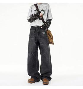F031436新款复古两色重工立体裁剪水洗工装洗旧阔腿牛仔裤