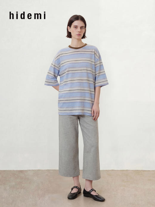 hidemi副线小h 撞色圆领条纹宽松休闲短袖T恤 商品图2