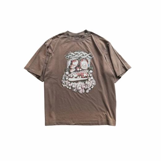 F031447咖灰色休闲舒适复古艺术感卡通怪兽水洗短袖 商品图0