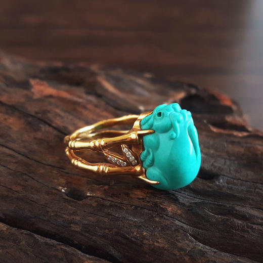 【天然正品】AU750黄金竹节造型镶钻镶天然高瓷高蓝瑞兽（招财）绿松石戒指18号060326NJS17 商品图5