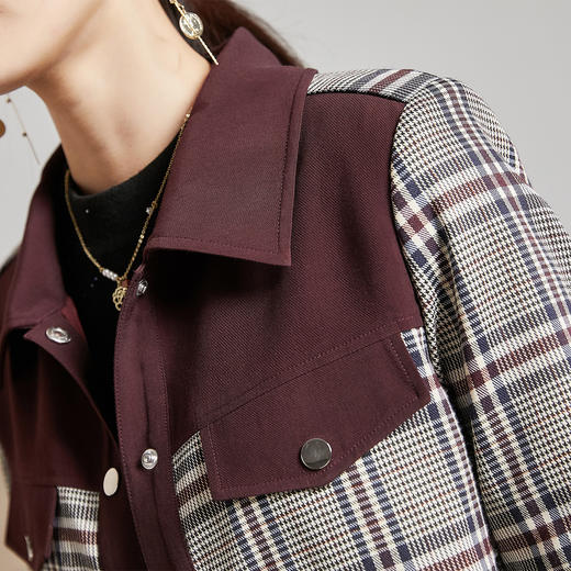 剩S/M 春秋款格纹拼接小香风外套女气质复古时尚翻领短外套 商品图4
