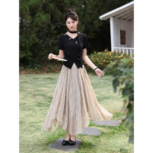 鹿向南「墨法花序」高级感黑色气质V领短袖T恤女夏季新款显瘦上衣 商品图2