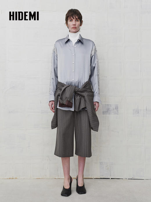 HIDEMI 设计感蕾丝镂空拼接翻领长袖衬衫 商品图1