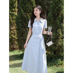 鹿向南「苍兰信笺」法式气质蓝色收腰短袖连衣裙女夏季通勤长裙子