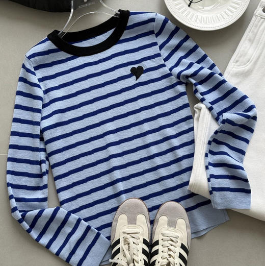 【显白蔚蓝撞色条纹刺绣针织衫】羊毛混纺面料 撞色设计 合身微弹剪裁 商品图4