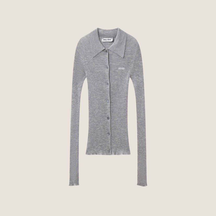 MIU-S 羊绒真丝坑条翻领开衫