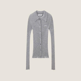 MIU-S 羊绒真丝坑条翻领开衫