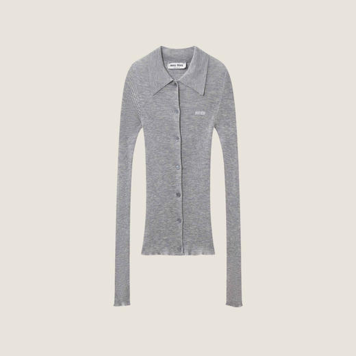 MIU-S 羊绒真丝坑条翻领开衫 商品图0