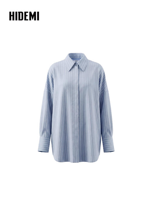 HIDEMI 极简设计感羊毛混纺条纹长袖翻领休闲衬衫 商品图10