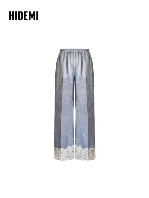 HIDEMI 设计感蕾丝拼接松紧腰缎感直筒裤休闲裤长裤 商品图9