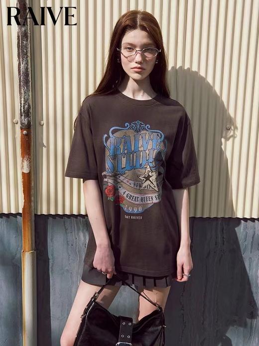 F031448美式复古做旧涂鸦音浪玫瑰印花圆领短袖t恤 商品图3