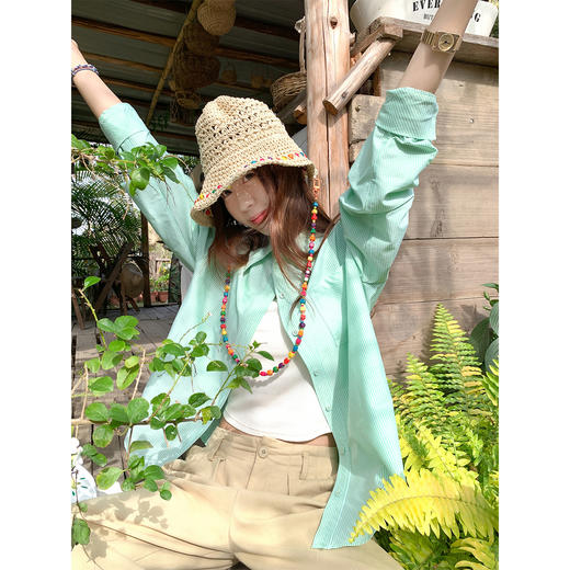 <曾小咸推荐> 韩系超好看绿色条纹长袖衬衫外套女春季宽松衬衣开衫上衣 商品图0