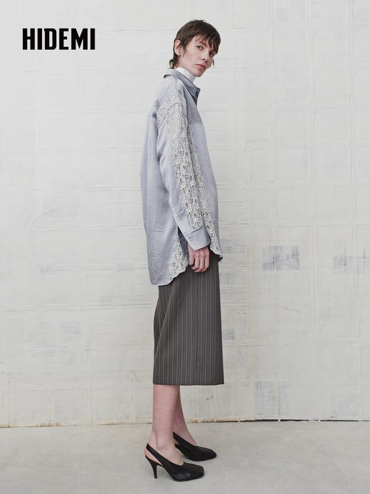 HIDEMI 设计感蕾丝镂空拼接翻领长袖衬衫 商品图2