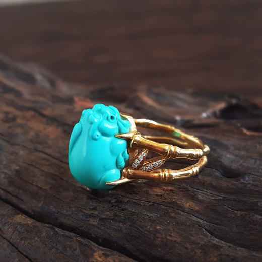 【天然正品】AU750黄金竹节造型镶钻镶天然高瓷高蓝瑞兽（招财）绿松石戒指18号060326NJS17 商品图4