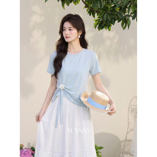 鹿向南「南巷清风」蓝色短袖T恤女夏季新款韩系chic漂亮减龄上衣 商品图4